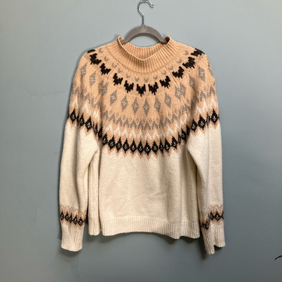 Rachel Zoe Womens XL Fair Isle Fisherman’s Mock Neck  Cream Tan Sweater - Picture 5 of 5